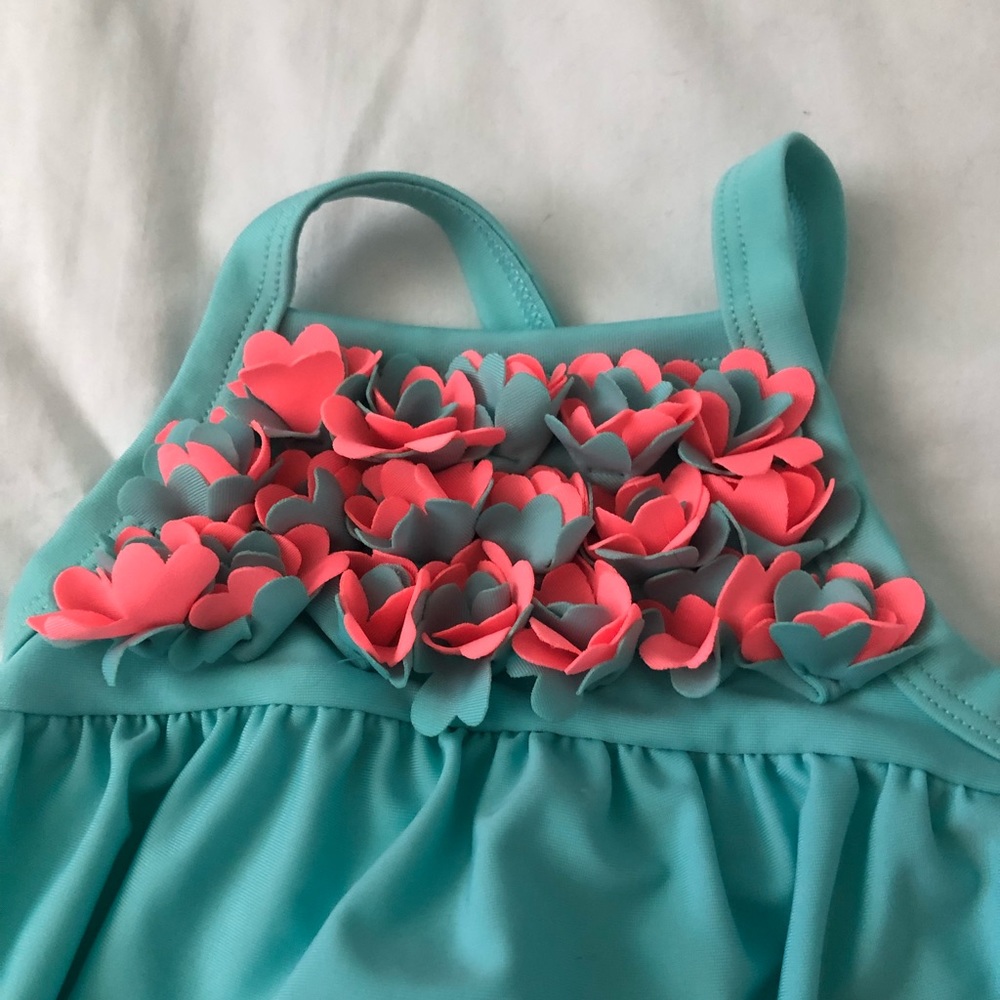 Cat & Jack 6-9mo 6-9 month aqua and coral ruffle flower swim bathing suit NWT